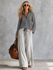 Casual Sporty Retro Half-Zip Black And White Striped Long-Sleeve T-Shirt