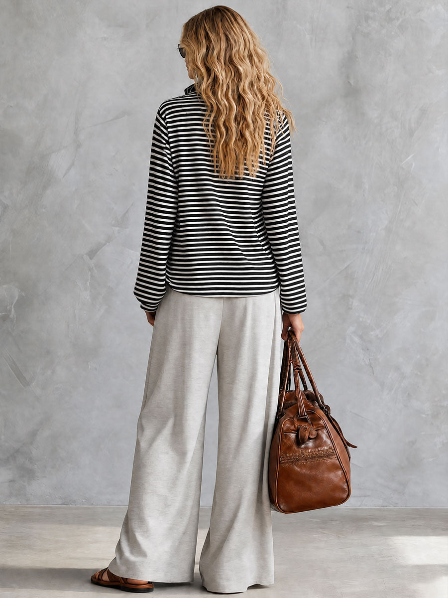 Casual Sporty Retro Half-Zip Black And White Striped Long-Sleeve T-Shirt
