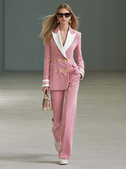 Preppy Pink Corduroy Peak-Lapel Double-Breasted Gold-Button Fitted Blazer
