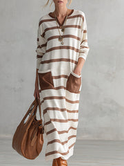 Casual Everyday Striped Multi-pocket Cotton Long-sleeve Maxi Dress