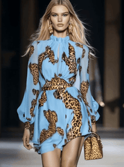 Elegant Personality Leopard Print Sky Blue Chiffon Mini Dress
