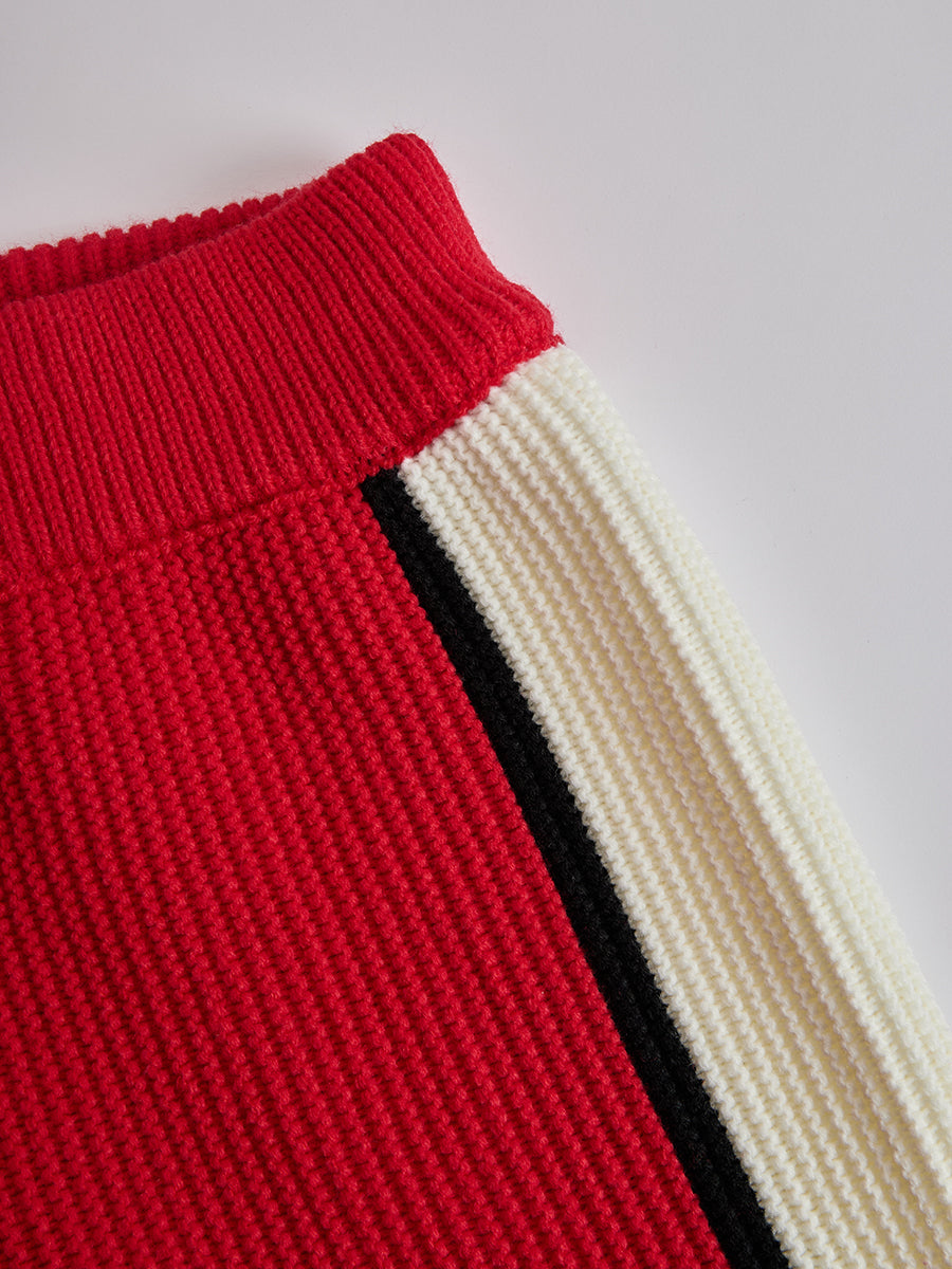 Retro Sports Style Contrast Color Knit Top And Pants Set
