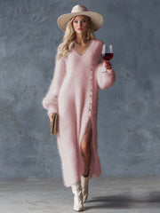 Comfortable Lazy Exquisite V-neck Metal Button White Imitation Rabbit Fur Knitted Side Slit Midi Dress