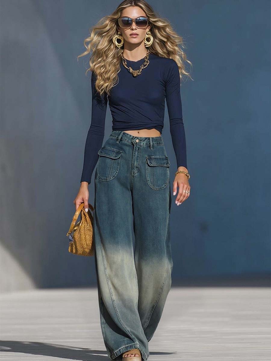 Casual Fashion Gradient Washed Denim Blue Gray Loose Pants