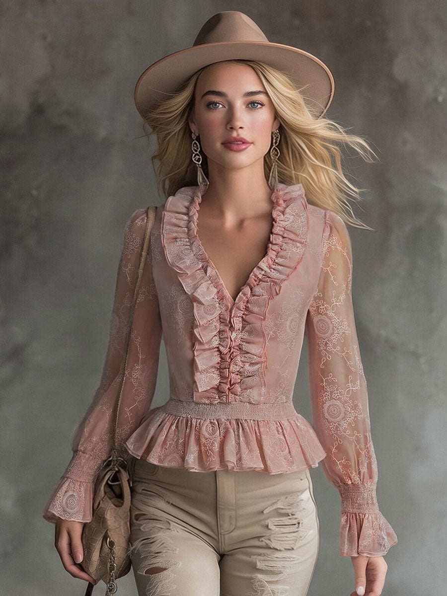 Elegant Pink Chiffon Lace Ruffled Shirt