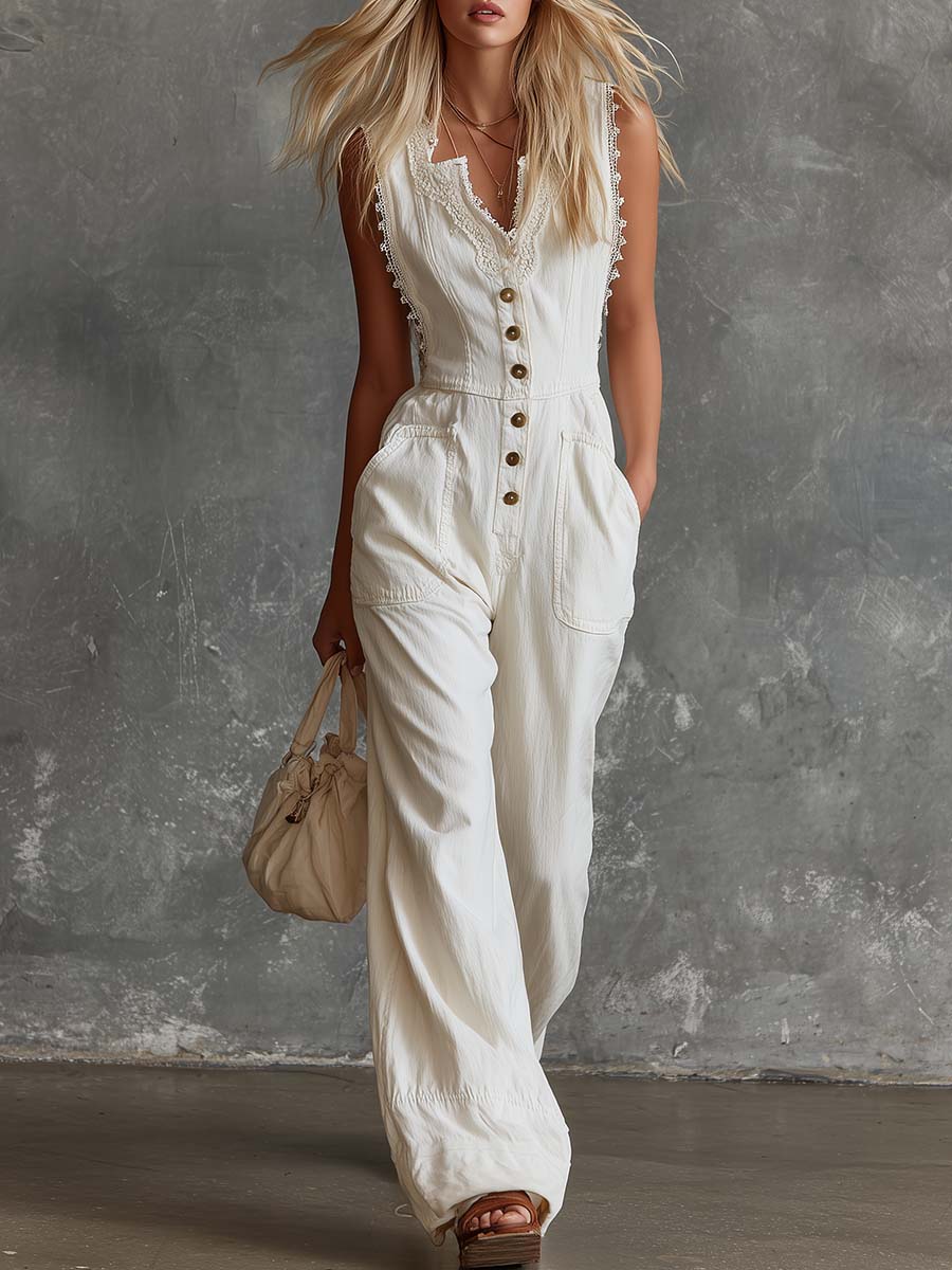 Elegant Vintage Western V-neck Front Buttons Lace Trim White Cotton Jumpsuit