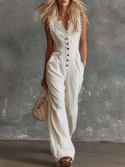 Elegant Vintage Western V-neck Front Buttons Lace Trim White Cotton Jumpsuit