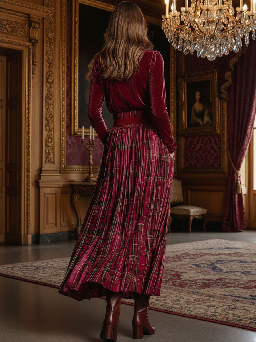 Festive Retro Red Velvet Turtleneck Plaid Skirt Set