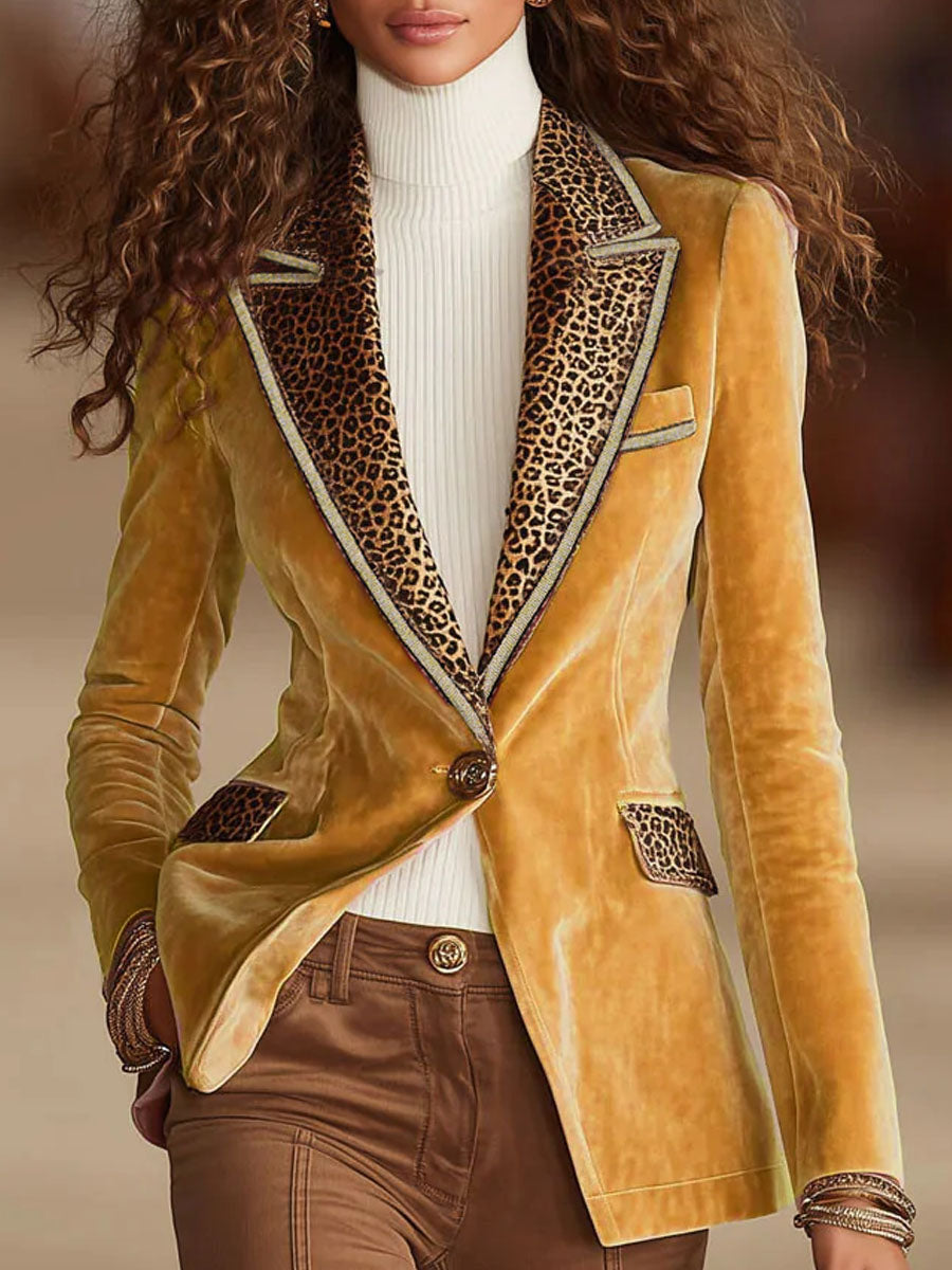 Pink Velvet Stitching Leopard Print One Button Blazer