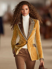 Pink Velvet Stitching Leopard Print One Button Blazer