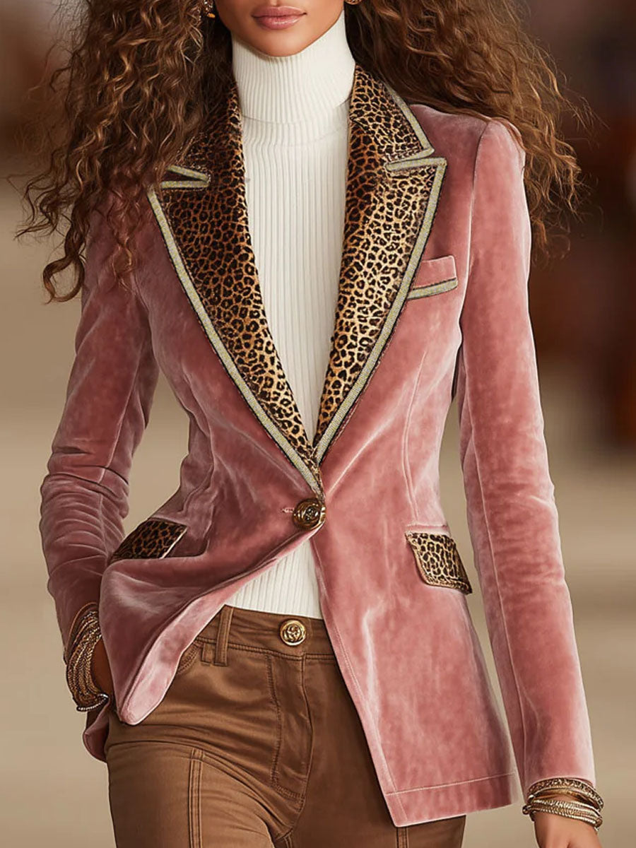 Pink Velvet Stitching Leopard Print One Button Blazer