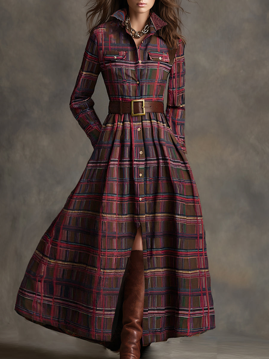 Retro Ethnic Style Lapel Reddish Brown Plaid Maxi Dress