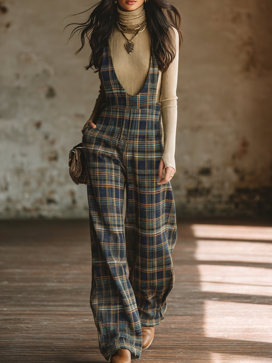 Classic Retro Blue Plaid Side-button Wide-leg Overalls
