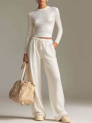 Fashionable Sporty White Knit Ribbed Crew Neck Top And Wide-leg Pants Set