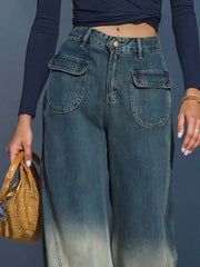Casual Fashion Gradient Washed Denim Blue Gray Loose Pants
