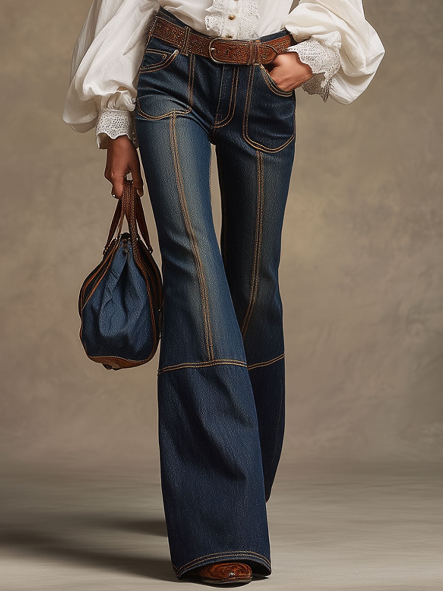 Retro Brown Double-stitched Navy Jeans