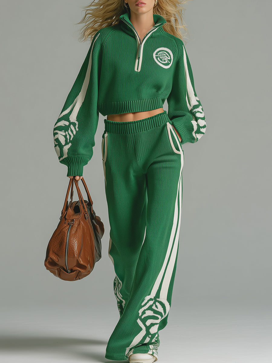 Fashion Casual White Decorative Green Half-zip Top Wide-leg Pants Knitted Set