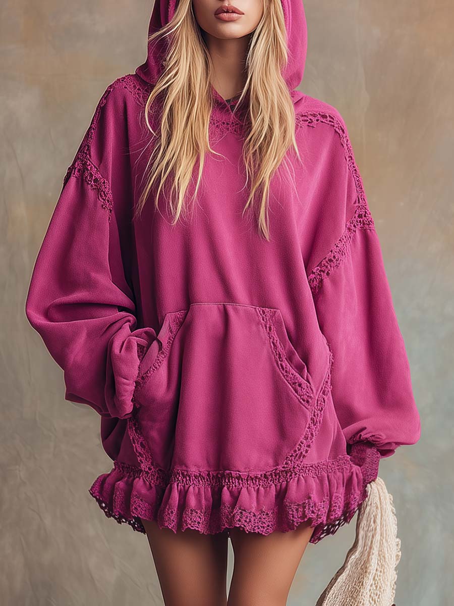 Elegant Retro Sporty Lace Trim And Ruffled Hem Rose Pink Cotton Hooded Style Mini Dress