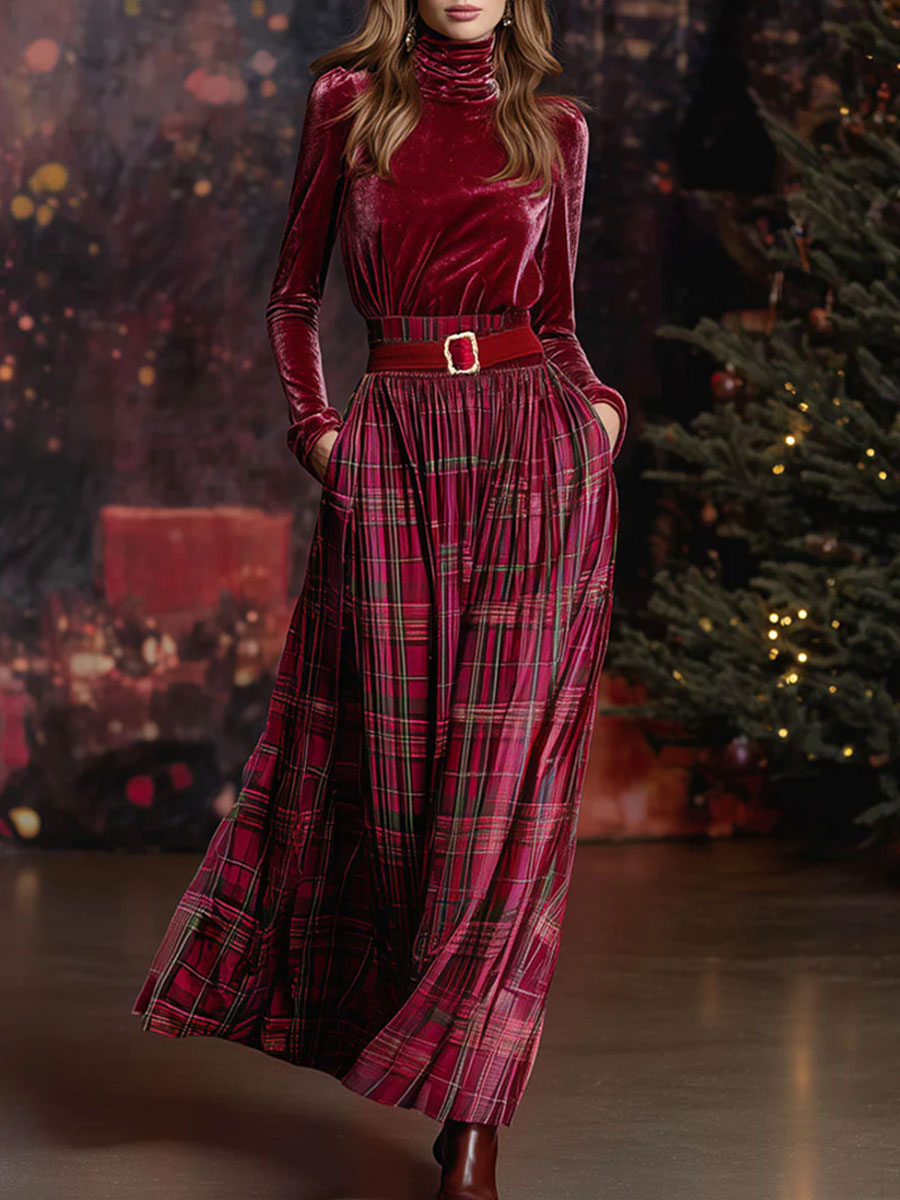 Festive Retro Red Velvet Turtleneck Plaid Skirt Set