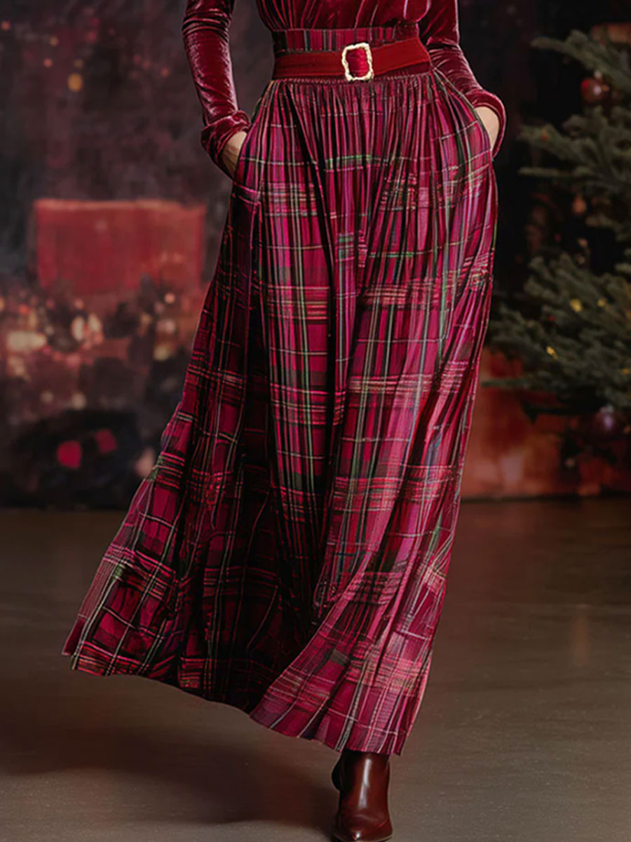 Festive Retro Red Velvet Turtleneck Plaid Skirt Set