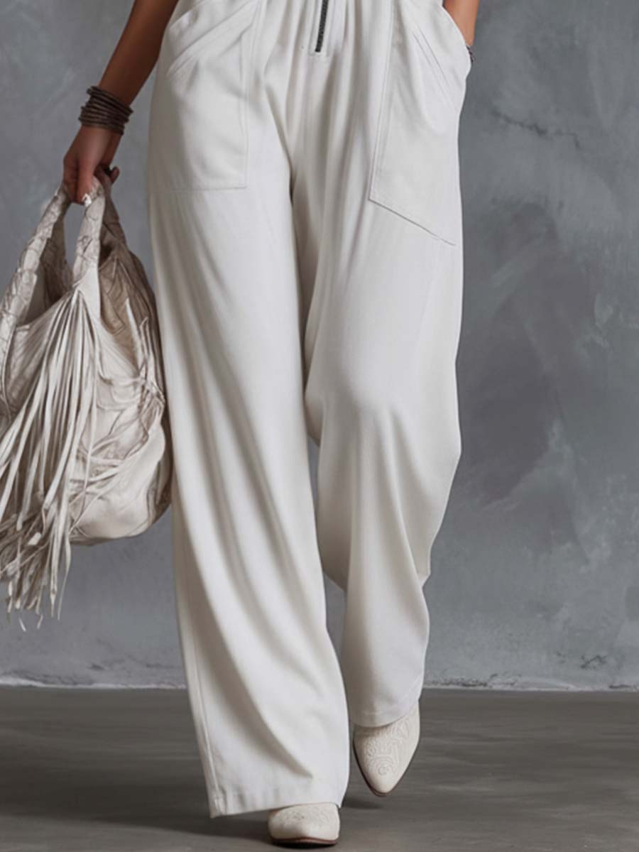 Casual Retro Western V-Neck And Fringe White Faux Suede Jumpsuit