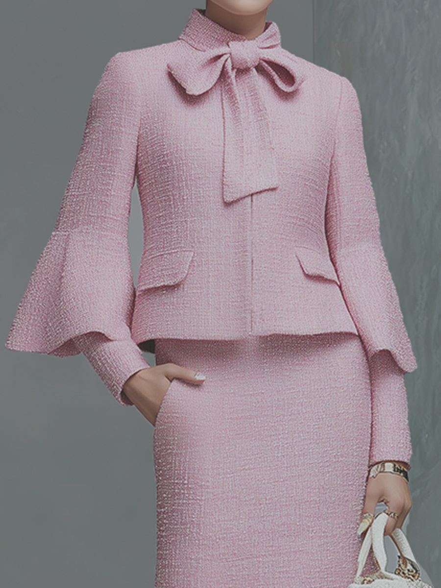 Elegant Neckline Bow Tie Trumpet Sleeve Jacket Skirt Tweed Set