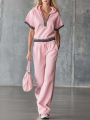 Elegant Fashion Sporty Hooded Front Zipper Short-sleeved Pink Cotton Top And Pants Set