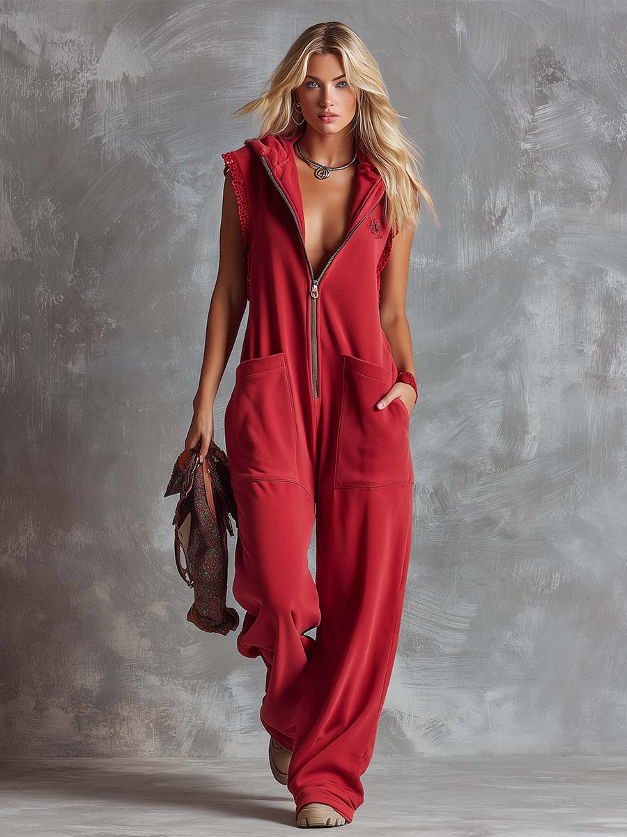 Retro Fashiona Sporty Hooded V-neck Front Zipper Raspberry Red Cotton Jumpsuit