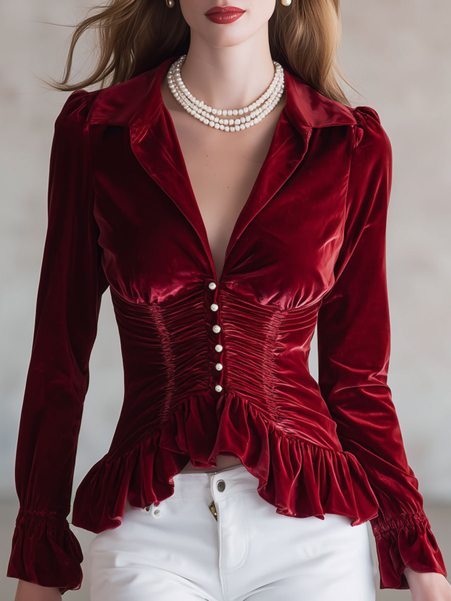 Fashionable Retro Red Velvet Pleated Ruffled Long-sleeved Shirt