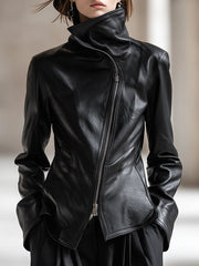 Personality And Fashion High Collar Oblique Zipper Black PU Jacket