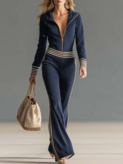 Retro Fashion Sports Hooded Zipper V-neck Dark Blue Knitted Jumpsuit