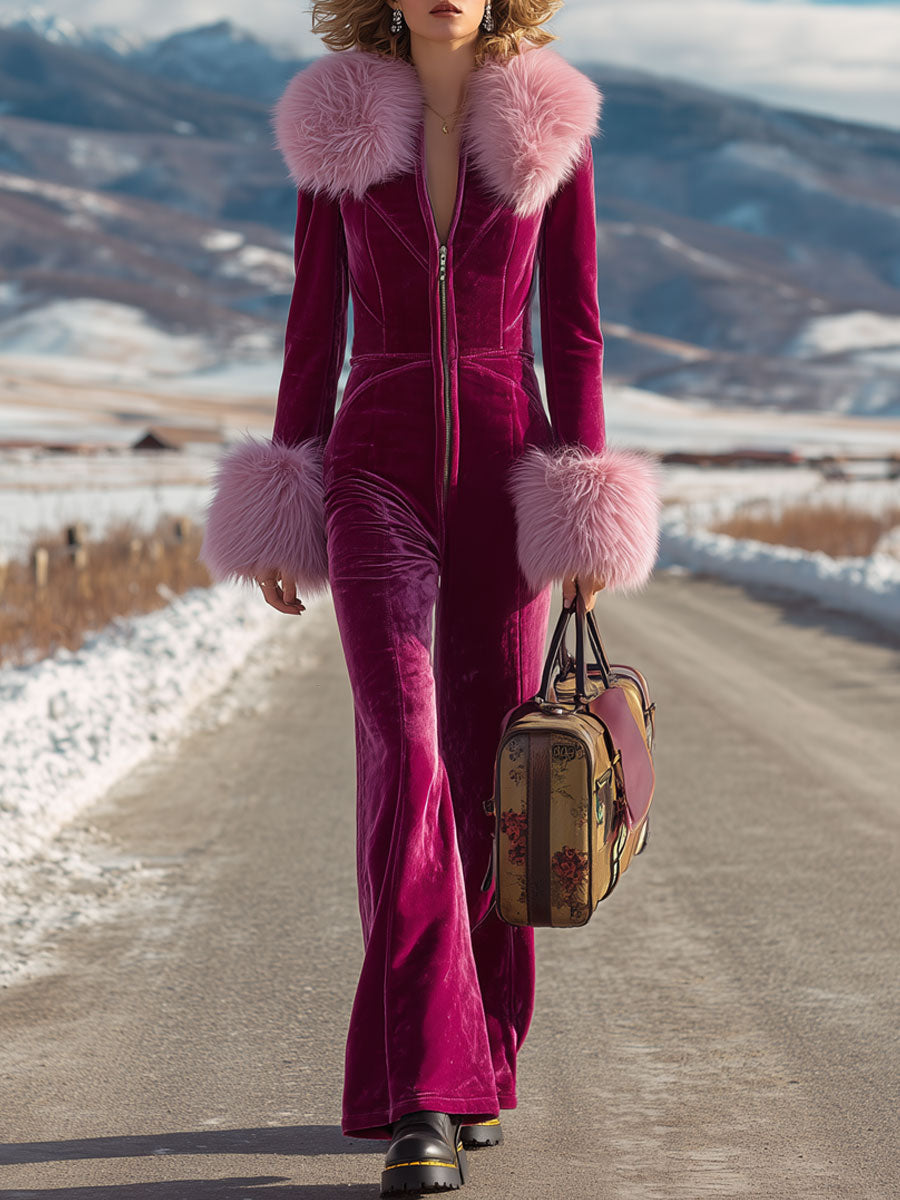 Fashion Retro Rose Red Velvet Faux Fur Collar Long Sleeve Flared Jumpsuit