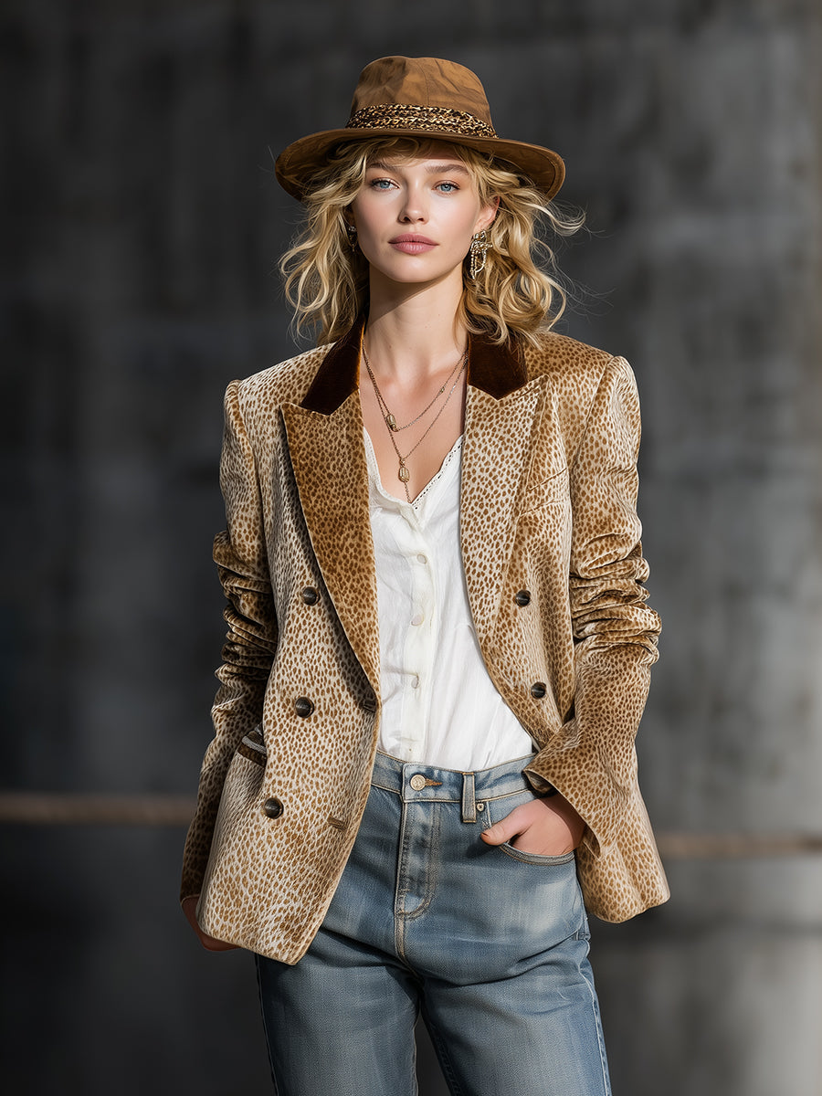 Retro And Fashionable Leopard Print Color-block Collar Velvet Blazer