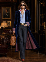 Fashionable Retro Striped Patchwork Royal Blue Velvet Mid-length Coat