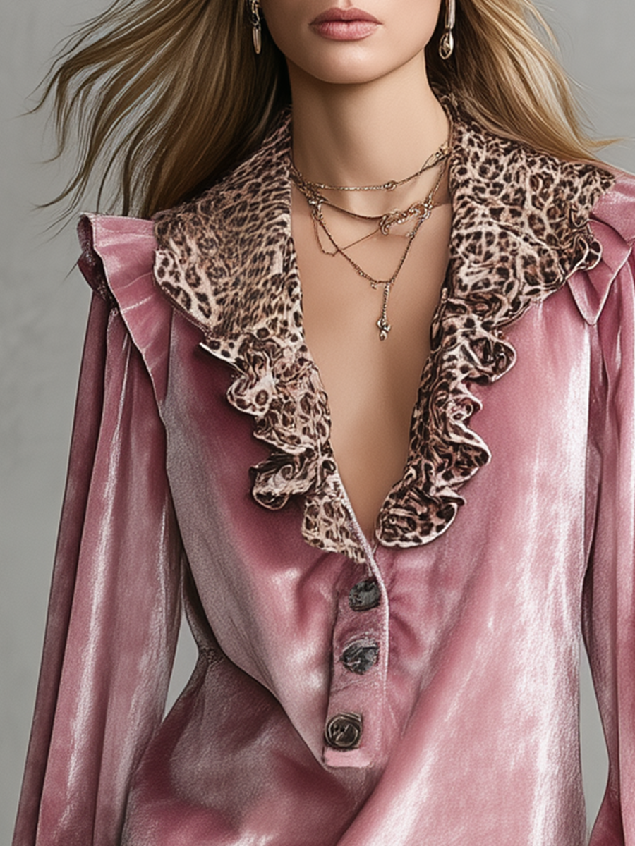 Retro V-neck Leopard Print Ruffled Hem Velvet Shirt