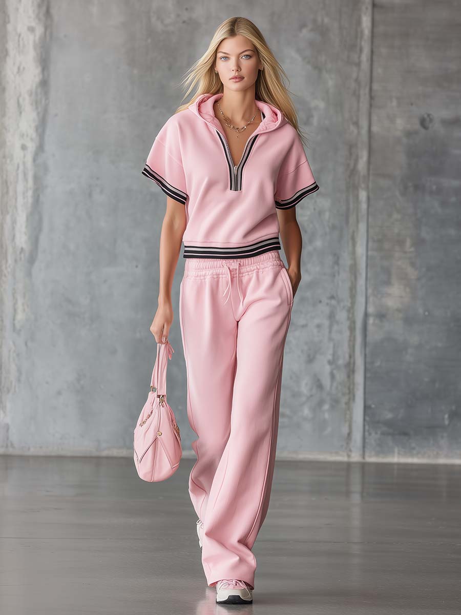 Elegant Fashion Sporty Hooded Front Zipper Short-sleeved Pink Cotton Top And Pants Set