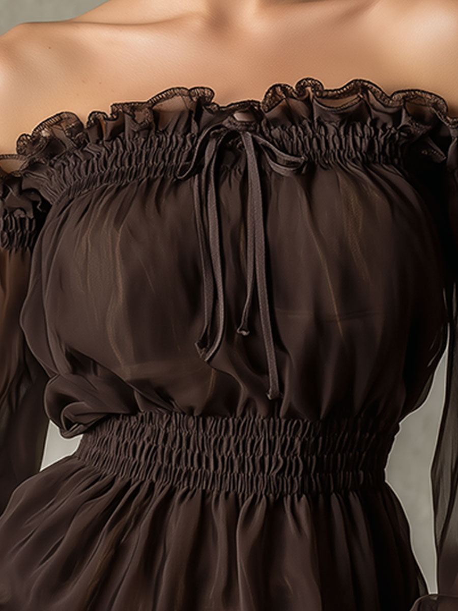 Fashionable Retro Ruffled Brown Off-shoulder Chiffon Blouse