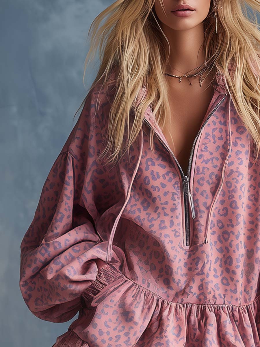 Elegant Western Hooded Front Zipper Ruffled Hem Pink Leopard Print Fuax Suede Mini Dress