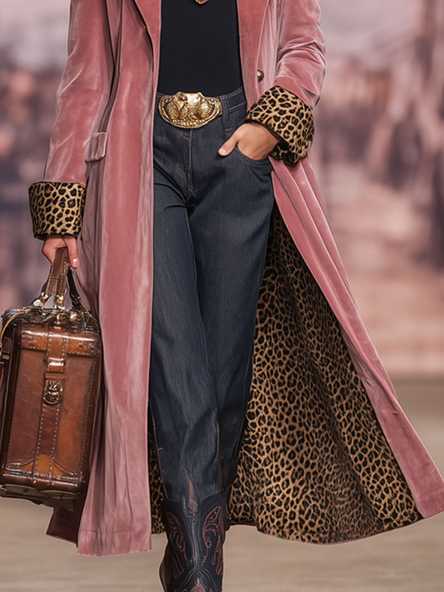 Lapel Single-breasted Velvet And Leopard Print Coat