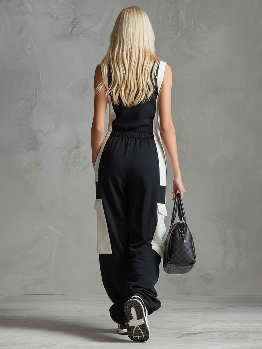 Casual Retro Sporty Black And White Color-blocked V-neck Half-zip Jumpsuit