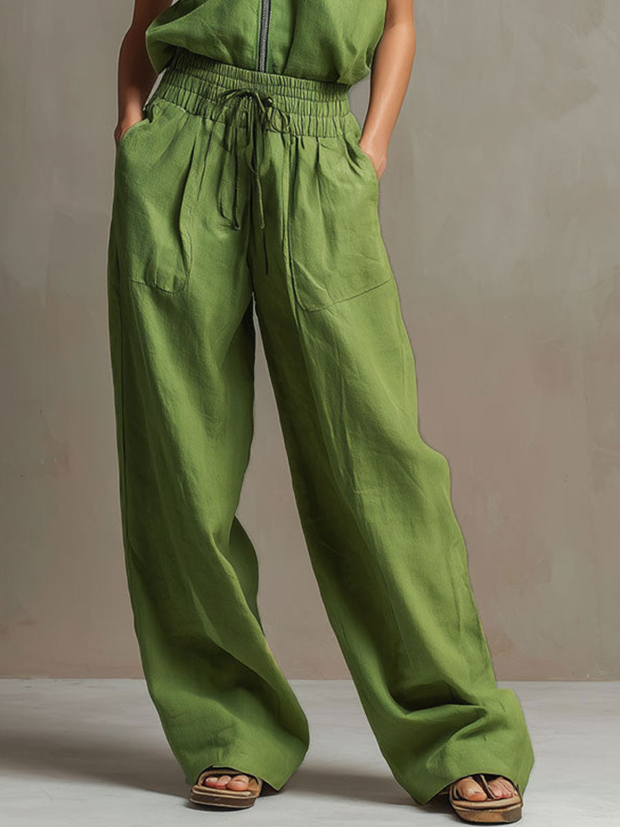 Casual Retro Green Cotton Linen Sleeveless Zip-up Shirt And Wide-leg Pants Set