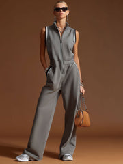 Casual Sporty Retro Dark Gray Cotton Blend Zipper Sleeveless Jumpsuit