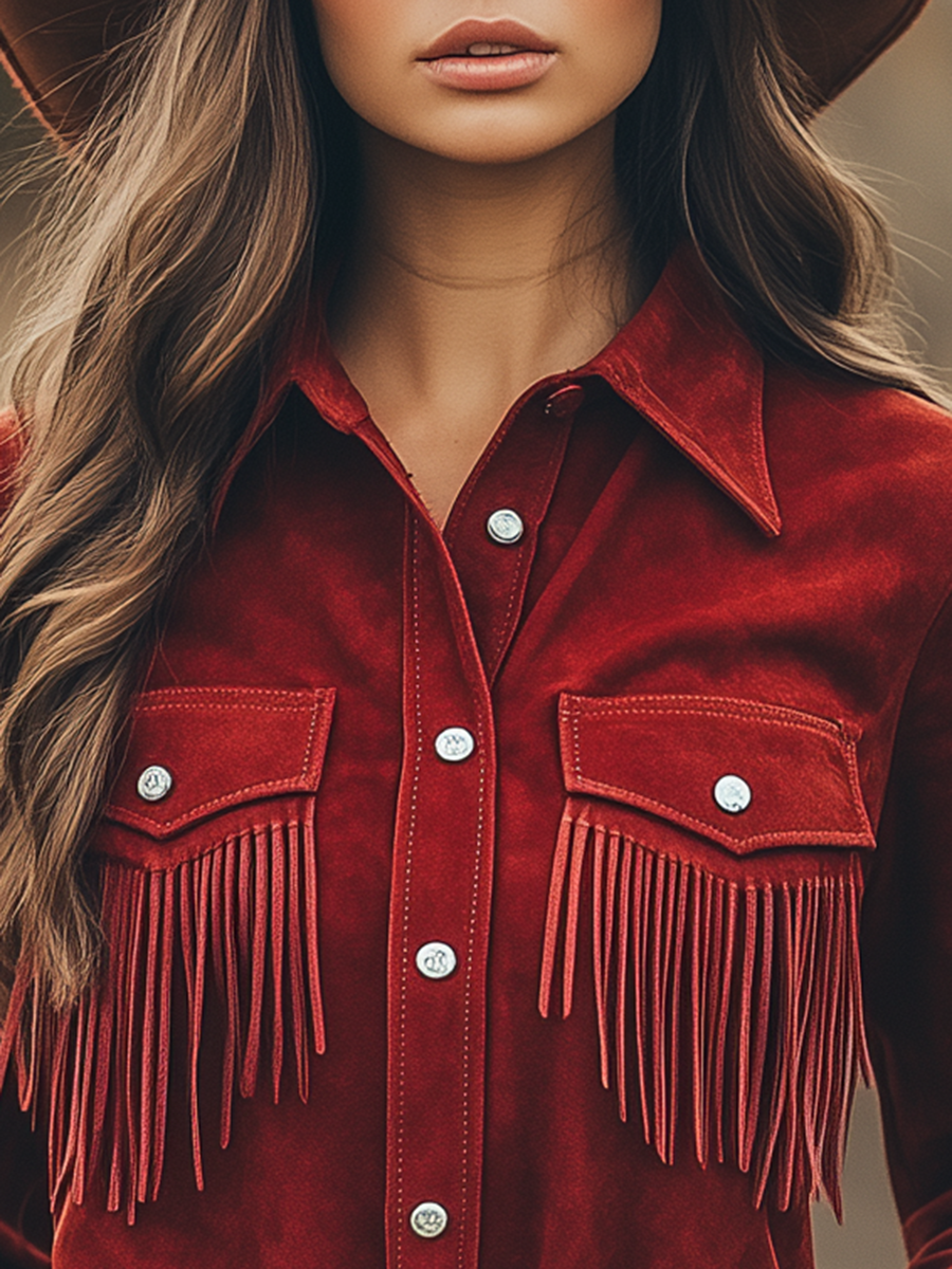 Outdoor Western Cowboy Red Suede Lapel Tassel Long Sleeve Shirt
