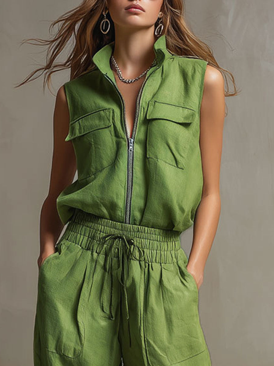 Casual Retro Green Cotton Linen Sleeveless Zip-up Shirt And Wide-leg Pants Set