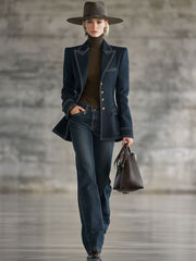 Fashion Retro Topstitched Navy Blue Denim Jacket