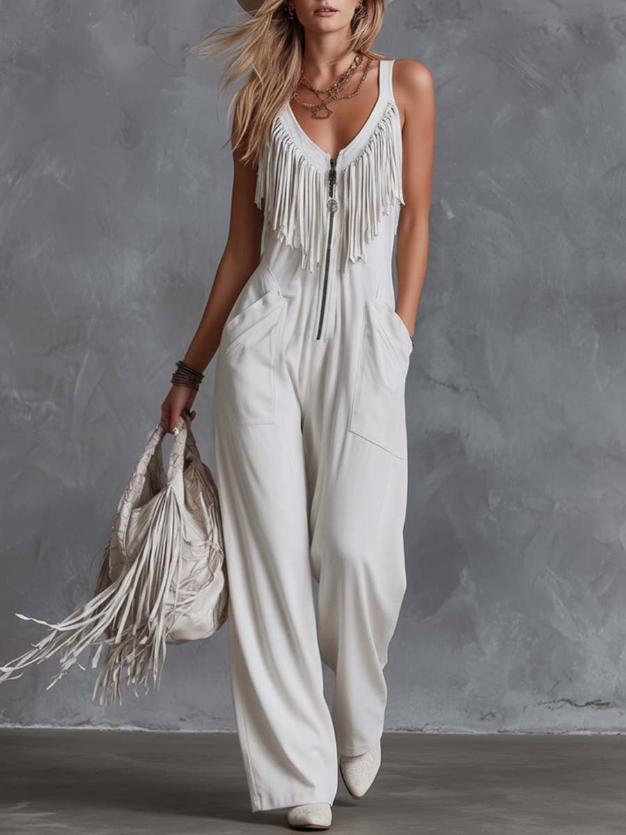 Casual Retro Western V-Neck And Fringe White Faux Suede Jumpsuit