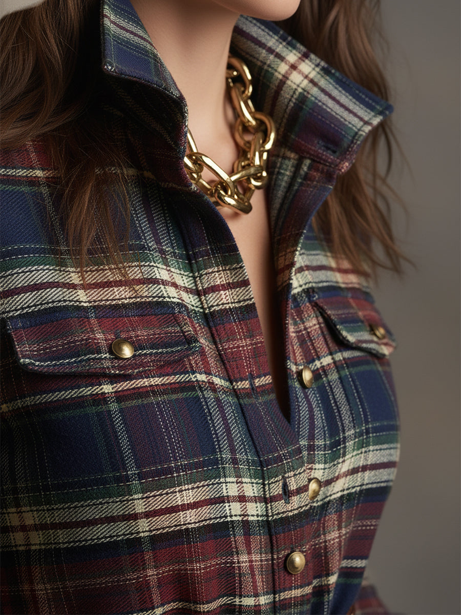 Retro Ethnic Style Lapel Reddish Brown Plaid Maxi Dress