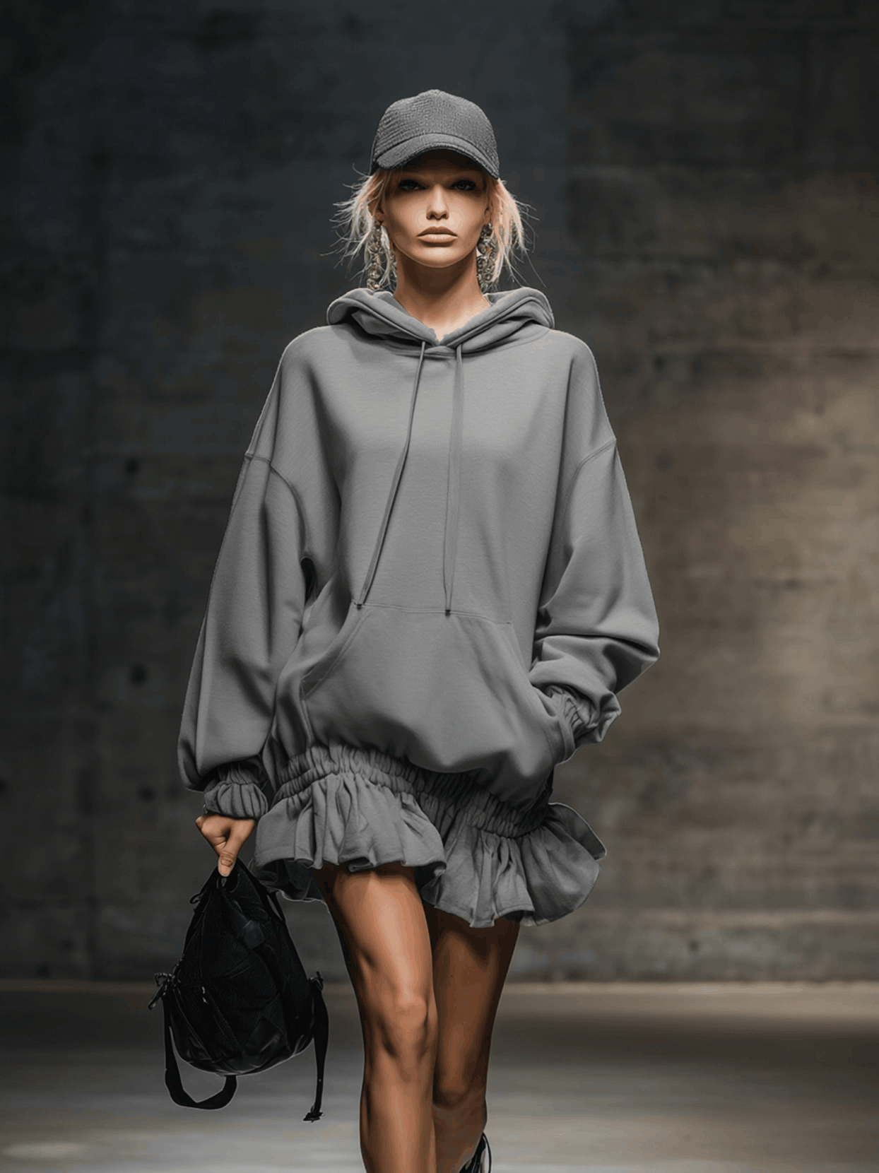 Casual And Fashionable Hooded Elastic Hem Gray Sweatshirt Mini Dress
