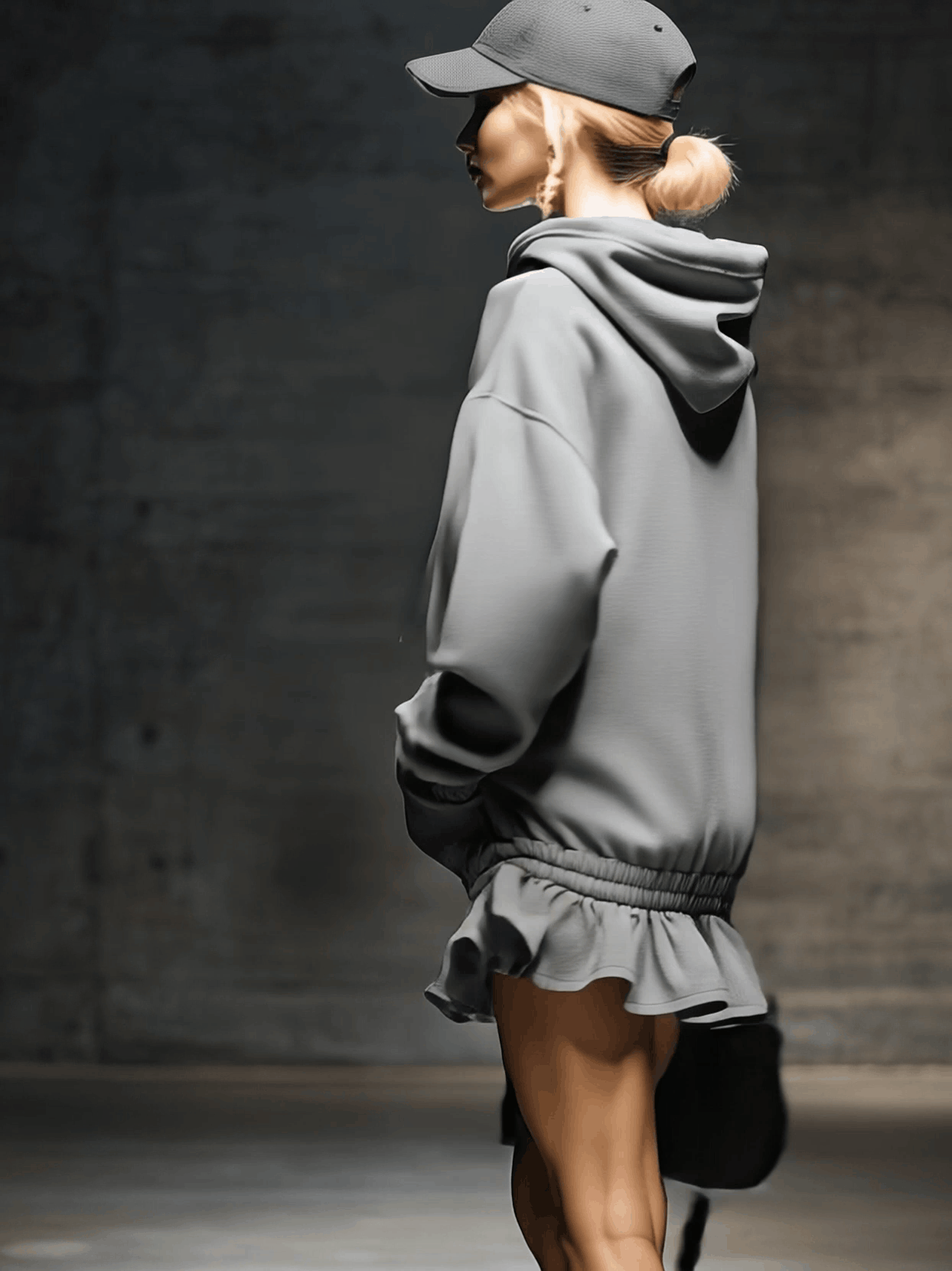 Casual And Fashionable Hooded Elastic Hem Gray Sweatshirt Mini Dress