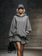 Casual And Fashionable Hooded Elastic Hem Gray Sweatshirt Mini Dress